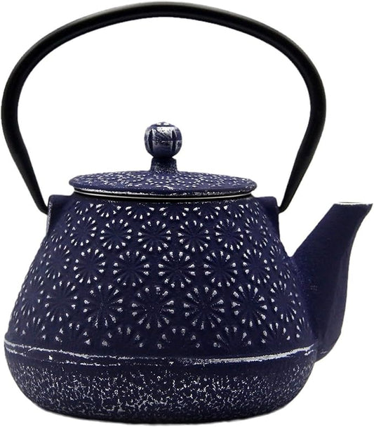 20.3oz Small Cast Iron Teapot, SECHUDO Cast Iron Tea Kettle for Stovetop Safe Coated with Enameled Interior, Cast Iron Tea Pot with Stainless Steel Infuser for Loose Tea (Blue Gerbera Pattern)