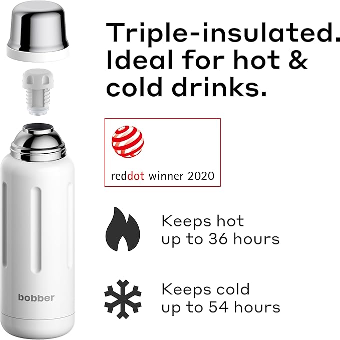 BOBBER 26 oz Stainless Steel Travel Thermos for Hot Drinks – Dishwasher Safe Metal Water Bottle with Cup Lid for Men, Hiking, Travel – Keeps Hot for 36 Hours – BPA-Free, Vacuum Insulated (Iced Water)