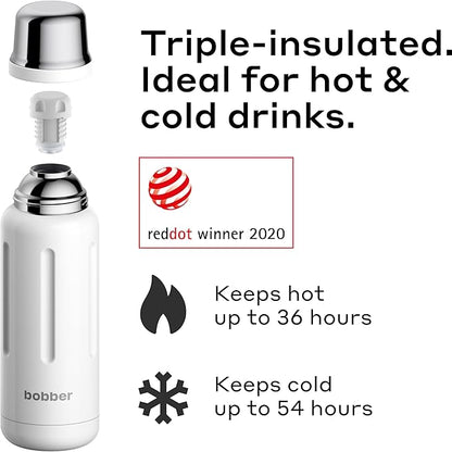 BOBBER 26 oz Stainless Steel Travel Thermos for Hot Drinks – Dishwasher Safe Metal Water Bottle with Cup Lid for Men, Hiking, Travel – Keeps Hot for 36 Hours – BPA-Free, Vacuum Insulated (Iced Water)