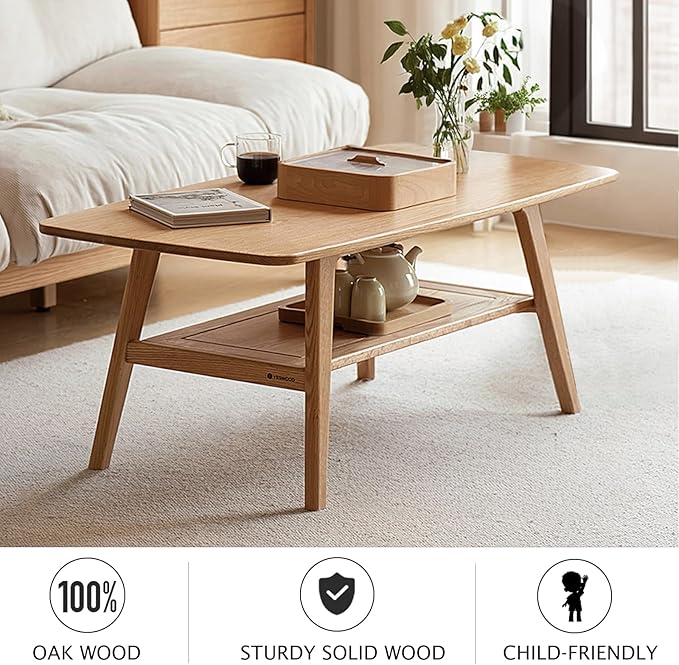 Wood Coffee Table - 2-Tier Oak Center Coffee Table with Storage Shelf for Living Room, Apartment, and Office