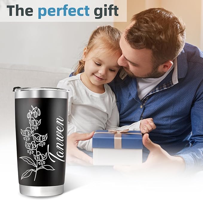 Personalized Tumbler with Name & Birth Flower Month, Custom Coffee Tumbler Stainless Steel Travel Mug Cup 20 Oz Personalized Gifts for Birthday Christmas Anniversary for Dad Mom Kids