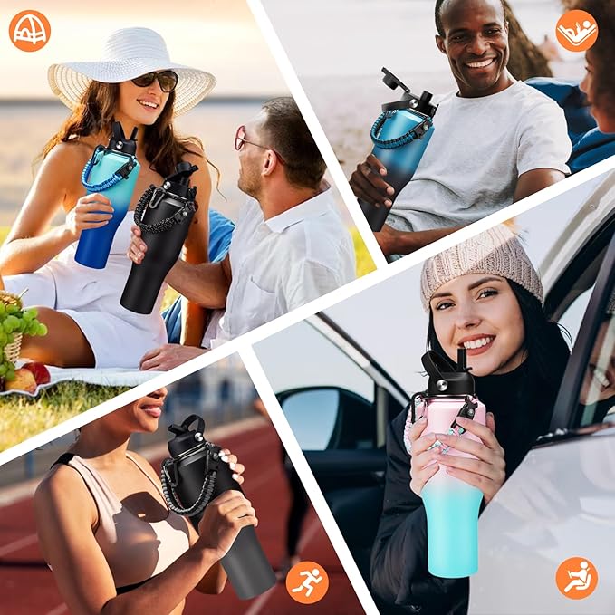 40oz Stainless Steel Water Bottles - Leak-Proof Insulated Tumblers with Straw Keep Cold 48H & Hot 24H, Vacuum Metal Coffee Mug Tumbler 40oz Water Bottle That Fits In Car Cup Holder