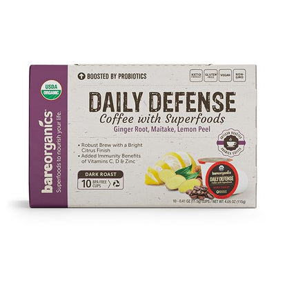 Daily Defense Organic Coffee Pods – Coffee with Maitake, Ginger Root, Lemon Peel & Superfoods – Healthy Mold Free Probiotic beverage, Vegan, Gluten Free - 10 Recyclable Single Serve K-Cups