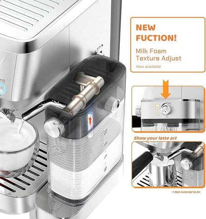 Cappuccino Machine 20 Bar, Professional Espresso Machines for Home and Office with Automatic Milk Frothering System, Barista Compact Latte Maker for Coffee Lovers, Stainless Steel-Mattino