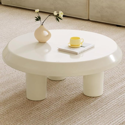 Round Coffee Table, White Cream Modern Center Table, Side Table for Living Room, Bedroom, Home Office, Small Space