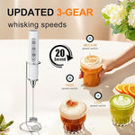 Load image into Gallery viewer, YUSWKO White Handheld Milk Frother Wand with Stand for Coffee, Rechargeable Electric Whisk with 3 Heads 3 Speeds Drink Mixer Coffee Frother For Latte, Cappuccino, Hot Chocolate, Egg
