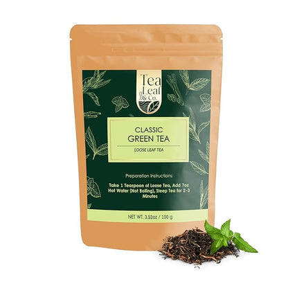 Tealeaf & Co. Classic Green Tea Loose Leaf - 100% Organic Green Tea - Contains Low Caffeine - Upto 50 Servings - Gluten Free (3.52oz/100gm)