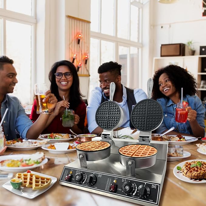 Double Head Commercial Waffle Maker, 2400W Stainless Steel Nonstick Waffle Iron with 122℉ to 572℉ Temp Range & Time Control, Perfect for Home Cafe Restaurant Snack Bar Bakeries