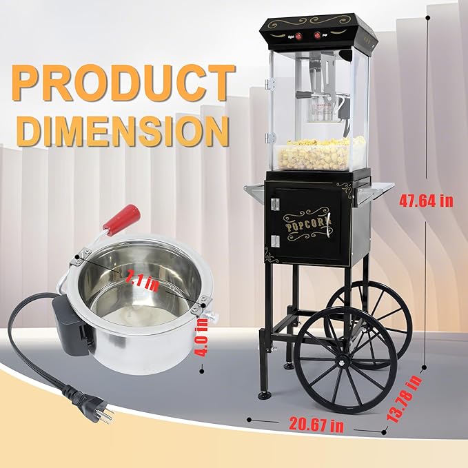 8OZ Popcorn Machine with Cart & Wheels 丨 Stainless Steel Kettle Popcorn Maker Machine for Home, Theater, Parties丨 Grade Electric Popper, Black