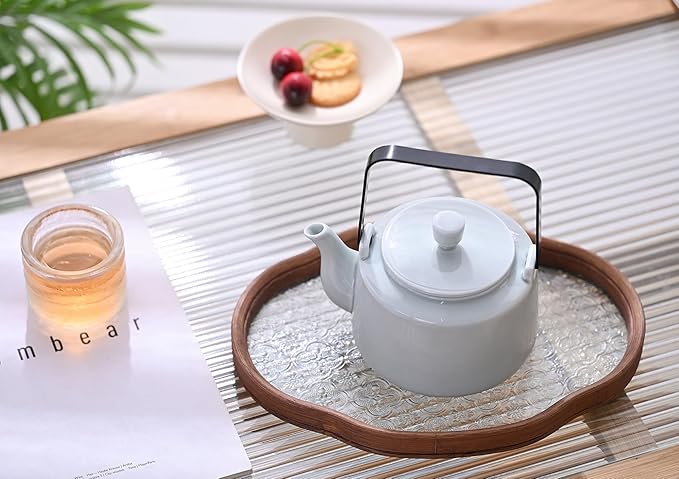 Antique Ceramic Teapot Coffee Pot with Infuser, 400ml (1-2 cups) Small Porcelain Tea Pots for Loose Leaf Tea, with Removable Stainless Steel Strainer and Lid for Gift (Light Cyan(Handle))