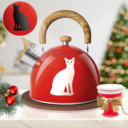 ARC Stainless Steel Red Whistling Tea Kettle, Magic Color Changing Design 2-Quart Stovetop Kettle Whistle Teapot with Folding Cup & Trivet Mat