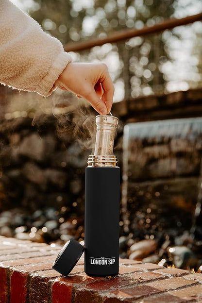 London Sip Multi-Purpose Travel Mug and Tumbler Fruit Infused Flask Hot and Cold Double Wall Stainless Steel Thermos with Extra-Long Infuser, Zen Black, Pack of 2