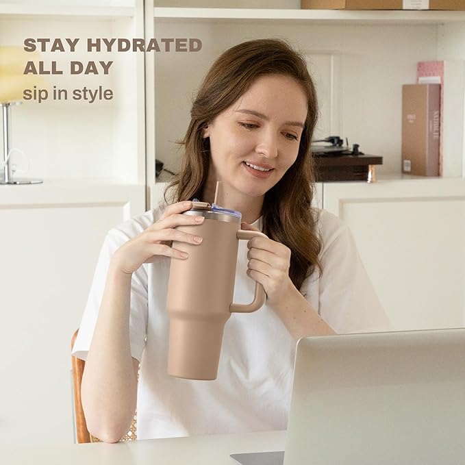 COKTIK 40 oz Tumbler With Handle and Straw Lid, Vacuum Insulated Travel Coffee Mug Stainless Steel Insulated Cup for Beverages, Leak-proof, Cupholder Friendly(Dark Night)