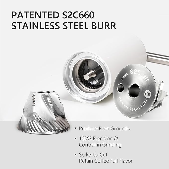 TIMEMORE Chestnut C3S Pro Manual Coffee Grinder, Stainless Steel S2C Conical Burr Coffee Grinder, Hand Coffee Grinder with Foldable Handle, Adjustable Grind Setting for Travel/Camping/Home, White