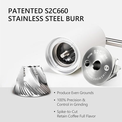 TIMEMORE Chestnut C3S Pro Manual Coffee Grinder, Stainless Steel S2C Conical Burr Coffee Grinder, Hand Coffee Grinder with Foldable Handle, Adjustable Grind Setting for Travel/Camping/Home, White