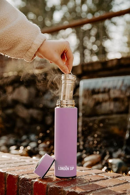 London Sip Multi-Purpose Travel Mug and Tumbler Fruit Infused Flask Hot and Cold Double Wall Stainless Steel Thermos with Extra-Long Infuser, Gentle Lilac, Pack of 2