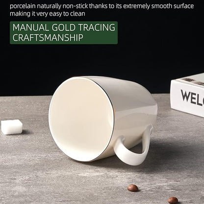 Fine Bone China Coffee Mugs, 10oz White Espresso Cups, Lightweight Tea Cups, Porcelain Coffee Cups Set of 2, Ceramic Mug with Gold Rim for Latte Mocha Cappuccino Women Men, Easy to Hold(Moonlight)