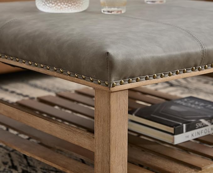 Kmax 32-Inch Grey Faux Leather Coffee Table Large Square Ottoman Foot Rest Stool Upholstered Coffee Table with Wooden Shelf Storage for Living Room Office