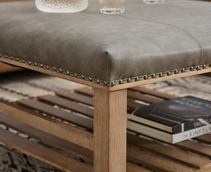 Kmax 32-Inch Grey Faux Leather Coffee Table Large Square Ottoman Foot Rest Stool Upholstered Coffee Table with Wooden Shelf Storage for Living Room Office