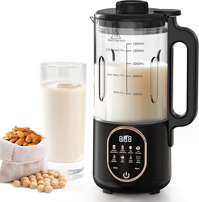 50oz Nut Milk Maker Machine, 10 in 1 Automatic Plant Based Milk Maker for Homemade Oat, Coconut, Chowder, Juice, Soy Milk with 20 Blades,Delay Start, Boil Water, Keep Warm & Auto Clean