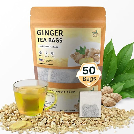 Ginger Tea Bags - 50 Bags - Premium & Spicy Ginger Herbal Tea - Pure Natural Extract Caffeine-Free and Gluten-Free Herbal Tea from Real Flowers for Relaxation with Smooth Taste (50 count)