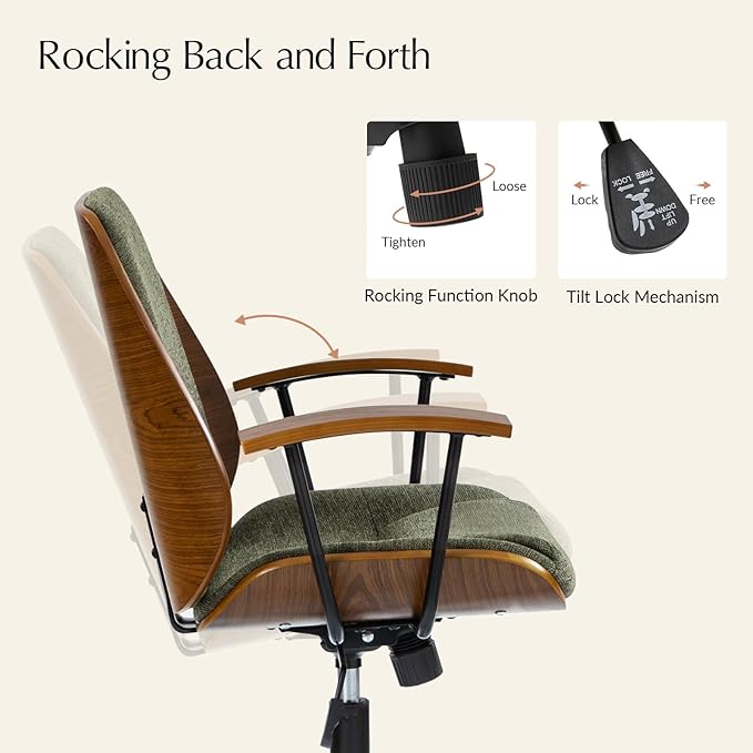 HULALA HOME Solid Wood Office Chair with Rocking Function, Comfy Fabric Desk Chair with Bent Wood and Metal Base, Height Adjustable Swivel Computer Task Chair, Green