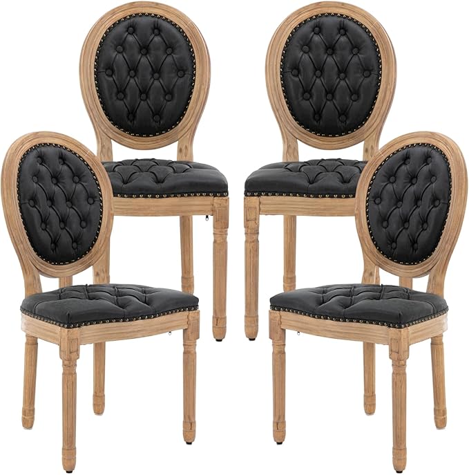 French Country Dining Chairs Set of 4, Vintage Wooden Dining Chairs with PU Leather Upholstered Tufted Seat,Solid Wood Legs&Frame, Farmhouse Kitchen&Living Room Chairs(Black,4 Pcs)