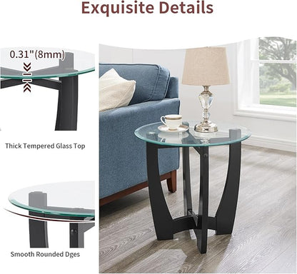 Glass End Table, 23.5" Round Side Tables with Tempered Glass Top Cross and Solid Wood Base Small Night Stand for Living Room Office Apartment Black