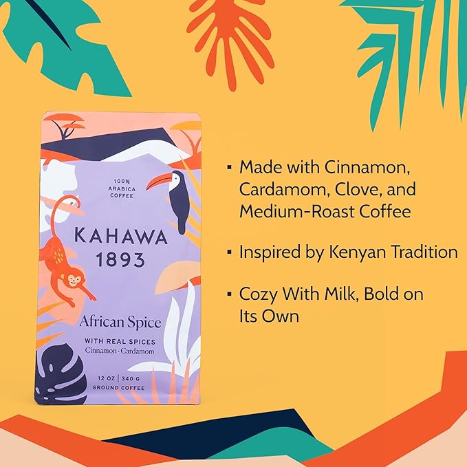 Kahawa 1893 Ground Coffee Medium Roast African Spice 12 Oz - With Cinnamon, Cardamom & Clove, As Seen on Shark Tank, High Antioxidants, Organically Grown, Ethically & Sustainably Sourced