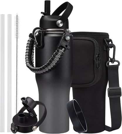 Insulated Water Bottle Fit in Car Cup Holder - 32oz Stainless Steel Tumblers with Straw & Spout Lids, Paracord Handle, Carrier Bag & Bottle Boot, Insulated Tumbler Mug Keep Cold-48H &Hot-12H