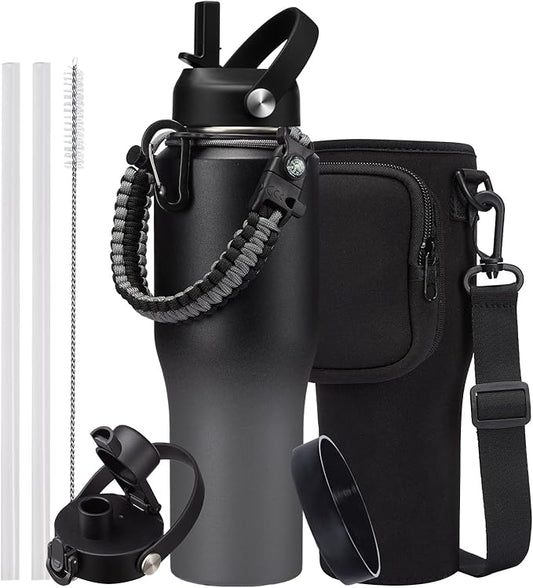 Insulated Water Bottle Fit in Car Cup Holder - 32oz Stainless Steel Tumblers with Straw & Spout Lids, Paracord Handle, Carrier Bag & Bottle Boot, Insulated Tumbler Mug Keep Cold-48H &Hot-12H