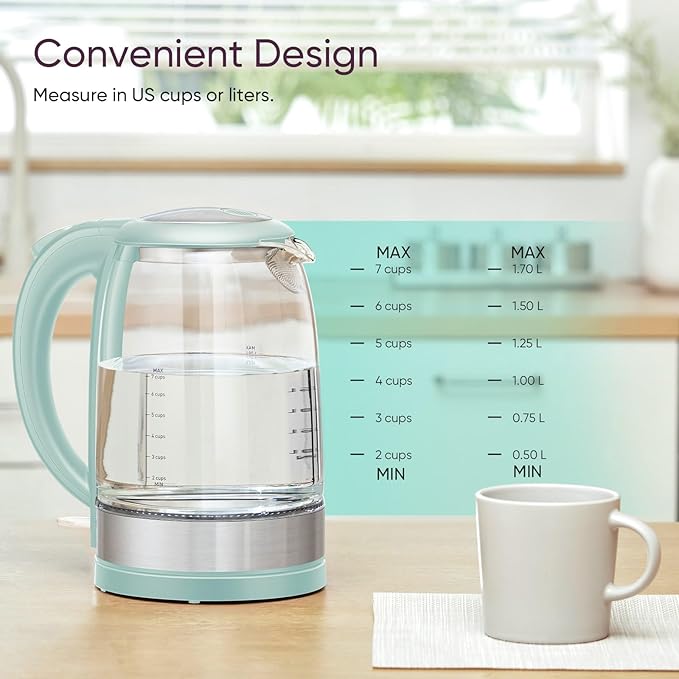 Cosori Electric Kettle, No Plastic Filter & Spout, Tea Kettle & Hot Water Boiler For Coffee & Tea, Water Heater & Teapot, Automatic Shut Off, Borosilicate glass, Green, 1.7L/1500W