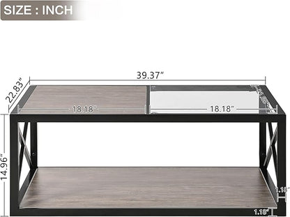 Rustic Coffee Table Set of 3, End Table Mordern Living Room Table Set with Tempered Glass Top Splicing Wood MDF, Black Metal Frame Industrial Style, Grey