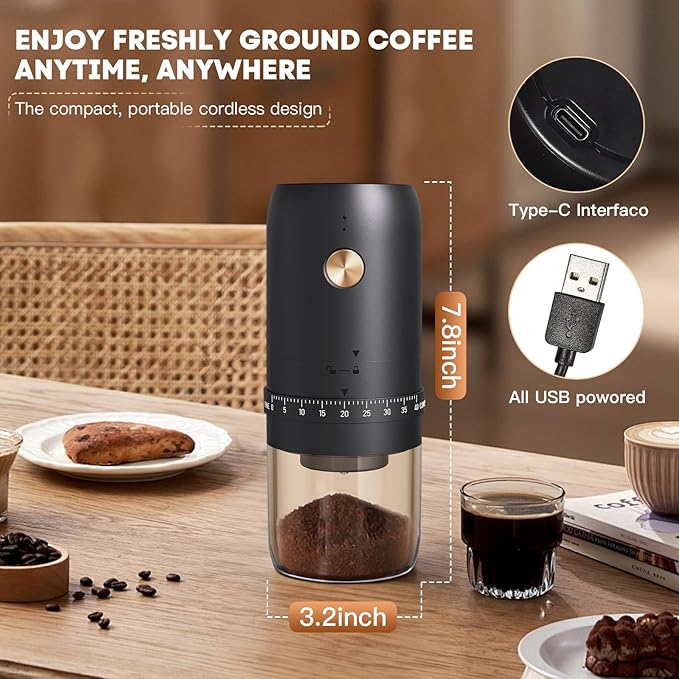 Portable Electric Coffee Grinder， Upgraded External Adjustable 40 Levels Fine to Coarse Settings, Stainless Steel Conical Burr Rechargeable and Faster Grinding for Office,Home,Camping,Travel,Black