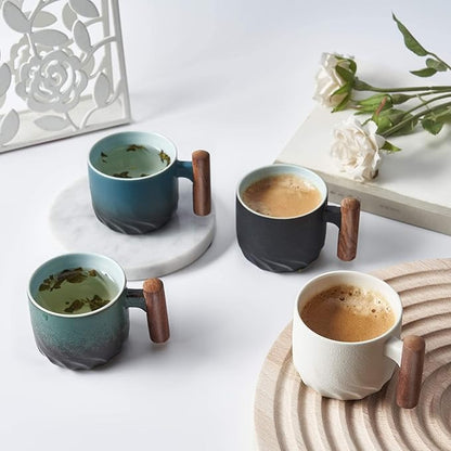 Ceramic Espresso Cups with Wooden Handle Espresso Shot Cups Ceramic Tea Cups Porcelain Demitessa Cups for Coffee or Tea, 3oz (black, 2)