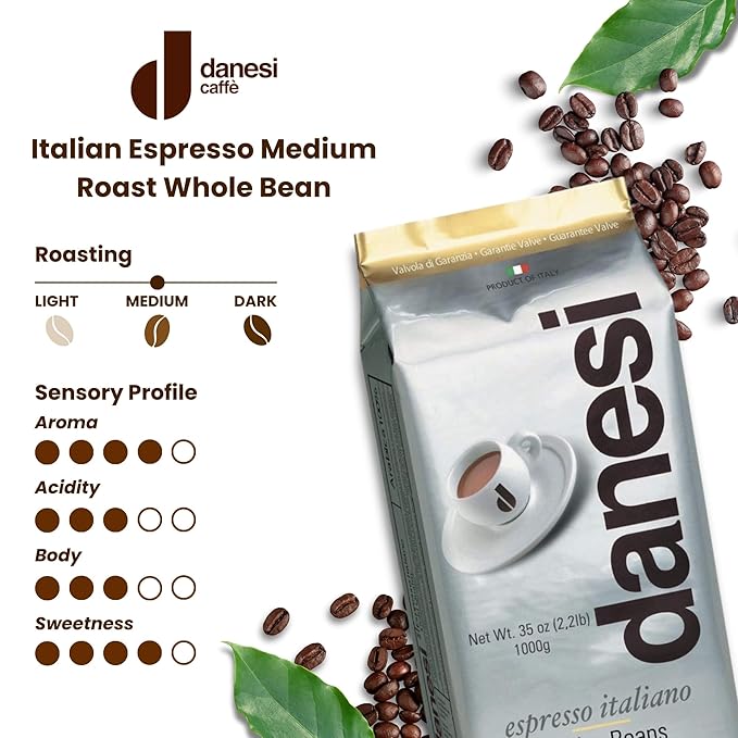 Danesi Caffe Italian Whole Coffee Beans - Espresso Coffee Beans and Medium Roast Whole Bean - Perfect for Espresso Machines, French Press, and Home Brewing - Gold (4.5 lb)