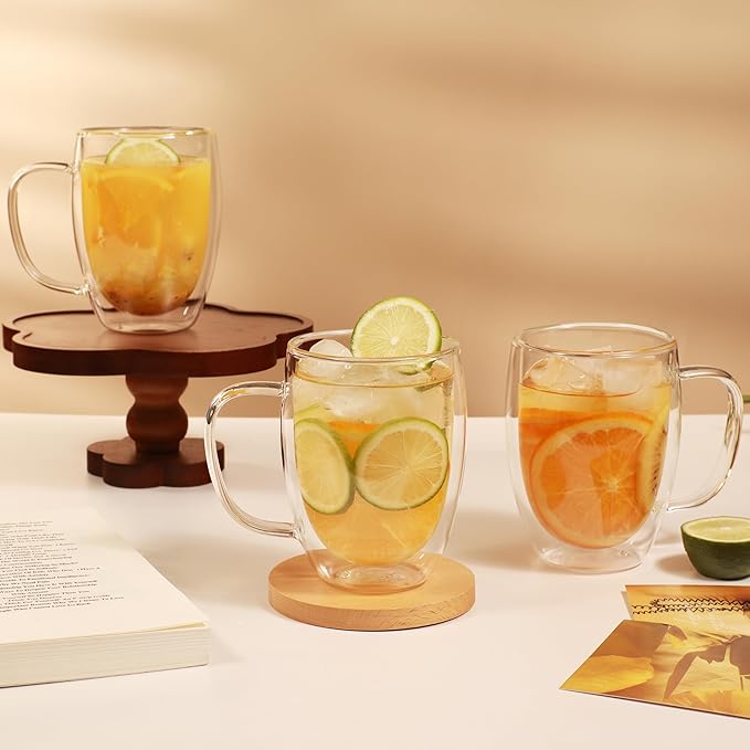 CNGLASS 12oz Double Walled Glass Coffee Mugs,Insulated Glass Mugs with Handle,Clear Espresso Cups for Latte,Cappuccino,Tea Bag,Set of 2