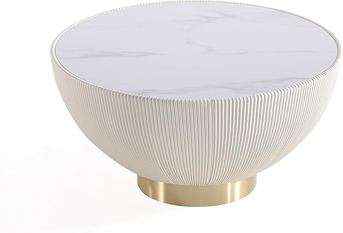 Manhattan Comfort Modern Anderson Coffee Table, 1.0 & 2.0 End Table, Upholstered in Cream and Grey Leatherette with Ceramic Faux Tabletop and Gold Metal Tabletop- Set of 3
