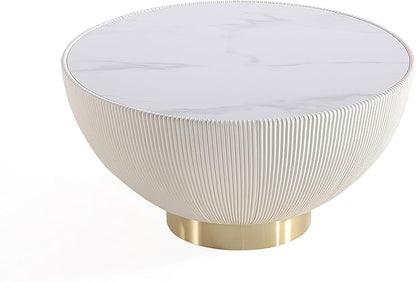 Manhattan Comfort Modern Anderson Coffee Table, 1.0 & 2.0 End Table, Upholstered in Cream and Grey Leatherette with Ceramic Faux Tabletop and Gold Metal Tabletop- Set of 3