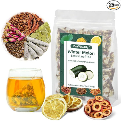 ZenVitality Oil Cleansing Tea Supports Fat Metabolism|Cholesterol Health|Digestive Health Winter Melon Lotus Leaf Tea with Chrysanthemum|Rose|Lemon|Cassia Seed|Hawthorn|Orange Peel|Buckwheat 10g*25Bag