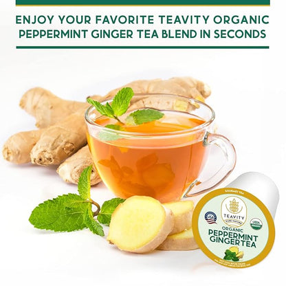 Organic Ginger Tea Pods for Keurig with Organic Peppermint Tea - Decaf Tea for K Cup Brewing Peppermint Ginger by Teavity (12 Tea Pods)