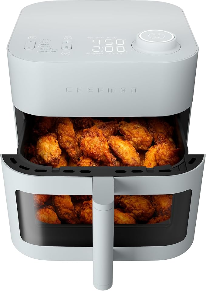 Chefman Crispinator Air Fryer 6-in-1 with 8 Qt capacity, 450°F Max Temp with TurboFry Pro Technology for Fast and Even Results, Viewing Window, Nonstick Ceramic Basket, 10-Pc Liner Starter Pack