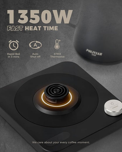 POLIVIAR Electric Gooseneck Kettle, 1350W Electric Tea Kettle Wood Pattern Handle, 34oz Pour Over Electric Kettle for Coffee & Tea, 18/8 Stainless Steel Inner, Temperature Control & Rapid Heating