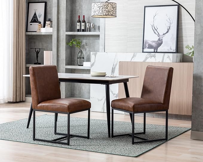 CIMOTA Modern Dining Chairs Set of 4, Leather Dining Room Chairs Upholstered Mid Century Armless Guest Side Chair with Black Base for Dining Room/Kitchen, Vintage Brown 4PCS