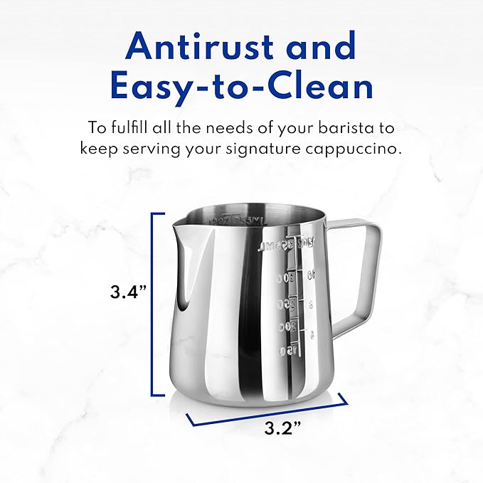 New Star Foodservice 28805 Commercial Grade Stainless Steel 18/8 Frothing Pitcher, 12-Ounce with Measurement Scale