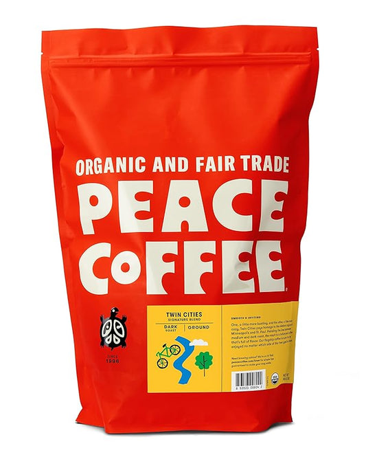 Peace Coffee Twin Cities Blend | 5 lb Ground Dark Roast | Organic Fair Trade | Smooth, Inviting Flavor | Shade Grown, Fresh Roasted