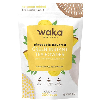 Waka Instant Green Tea Mix, Pineapple Flavored - 100% Tea Leaves, No Additives, Unsweetened Tea Powder in Bulk Pouch – Easy Quick Hot and Iced Teas, Up to 200 Cups (4.5oz)