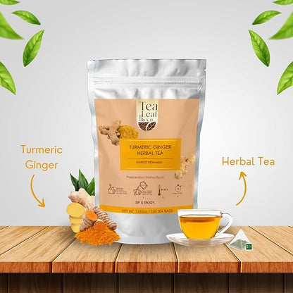 Tealeaf & Co. Turmeric Ginger Herbal Tea - Organic Ginger Turmeric Tea Bags with Fresh Herbs and Spices - Low Caffeine & Gluten Free - 100 Teabags (7.055oz/200gm)