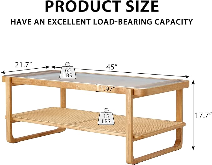Rattan Coffee Table with Tempered Glass Top,Wood Coffee Table for Living Room,Glass Top with Imitation Rattan Storage Shelf, Rectangle Coffee Table for Living Room