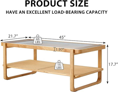 Rattan Coffee Table with Tempered Glass Top,Wood Coffee Table for Living Room,Glass Top with Imitation Rattan Storage Shelf, Rectangle Coffee Table for Living Room